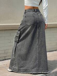 Rivivi 女式休闲水洗加长牛仔工装裙 - 深灰色 - 查看 2