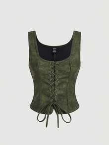 SHEIN MOD Conjunto retro de 2 piezas con falda asimétrica con volantes y dobladillo en verde a cuadros de talla grande, y camiseta de tirantes con lazo en verde - Multicolor - Ver 4