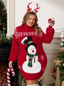 Enliva Vestido de punto con cuello alto y estampado de muñeco de nieve para mujer de talla grande, ideal para la temporada navideña/invierno, para silueta redondeada tipo manzana - Rojo - Ver 4