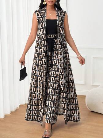 SHEIN Lady 女士时尚通勤全印花无袖长外套和长裤两件套