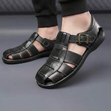 Sandalia artesanal para hombre – cuero genuino con hebilla, punta redonda y estilo retro casual - Negro - Ver 2