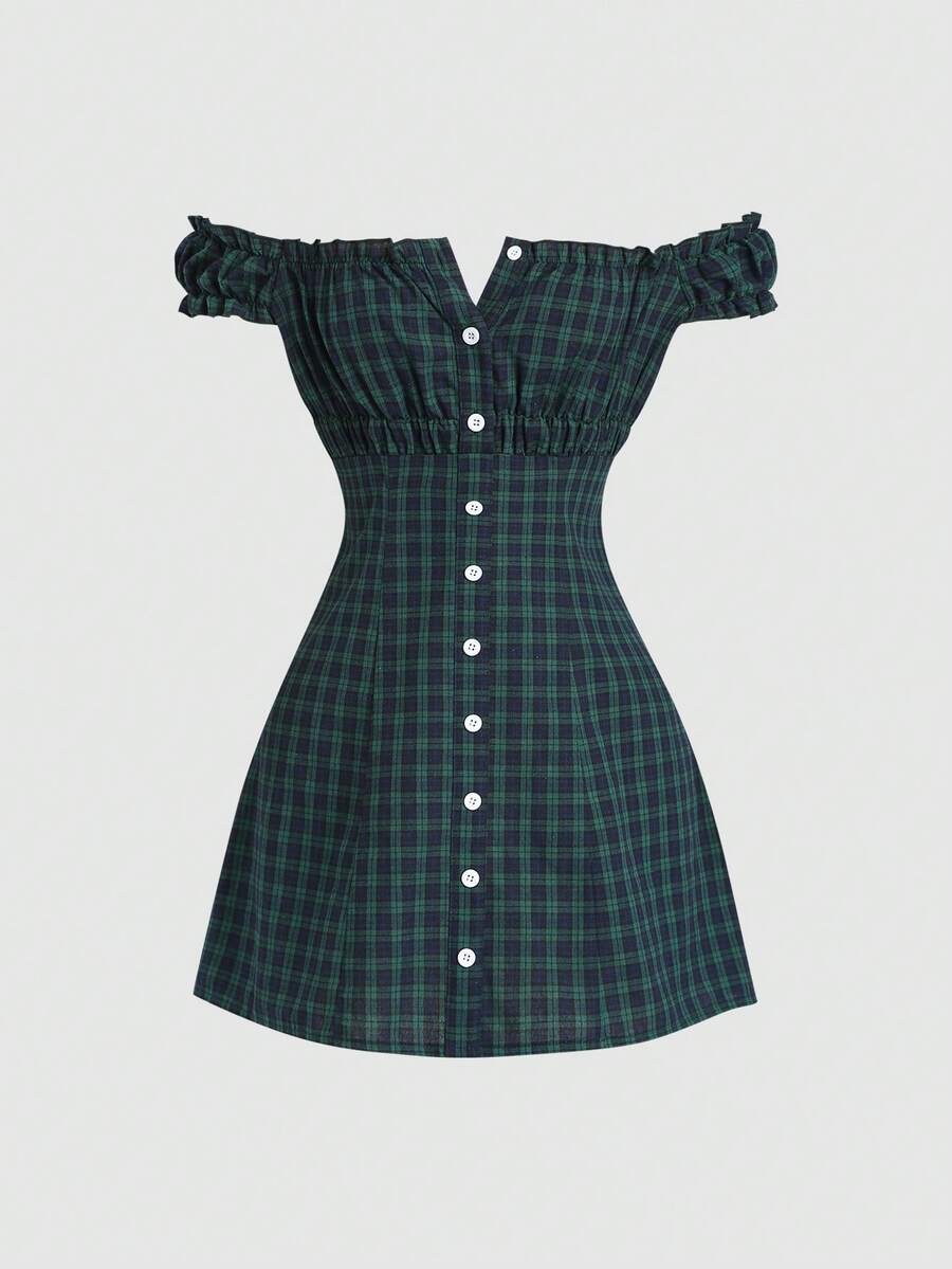 Sweetra 女式露肩格子前扣休闲束腰迷你连衣裙 - 藏蓝色 - 查看 1