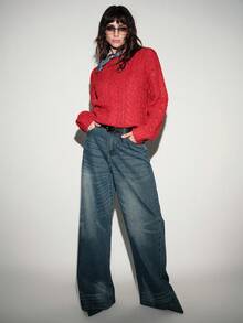 SHEIN LUNE 2025 Women's Autumn Red Oversized Sweater,Chunky Cable Knit Fashion Retro Style Holiday Christmas Everyday Knit Sweater - Red - View 5