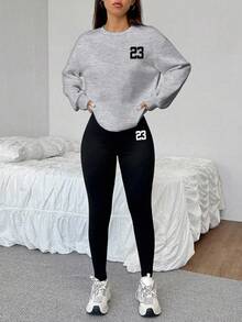 SHEIN EZwear 2 件套休闲宽松圆领运动衫和紧身打底裤，23 号，街头服饰，复古，返校，复古，秋季女士休闲装，秋冬，校服，乡村，嘻哈，街头服饰，运动，健身，健身房 - 彩色 - 查看 1