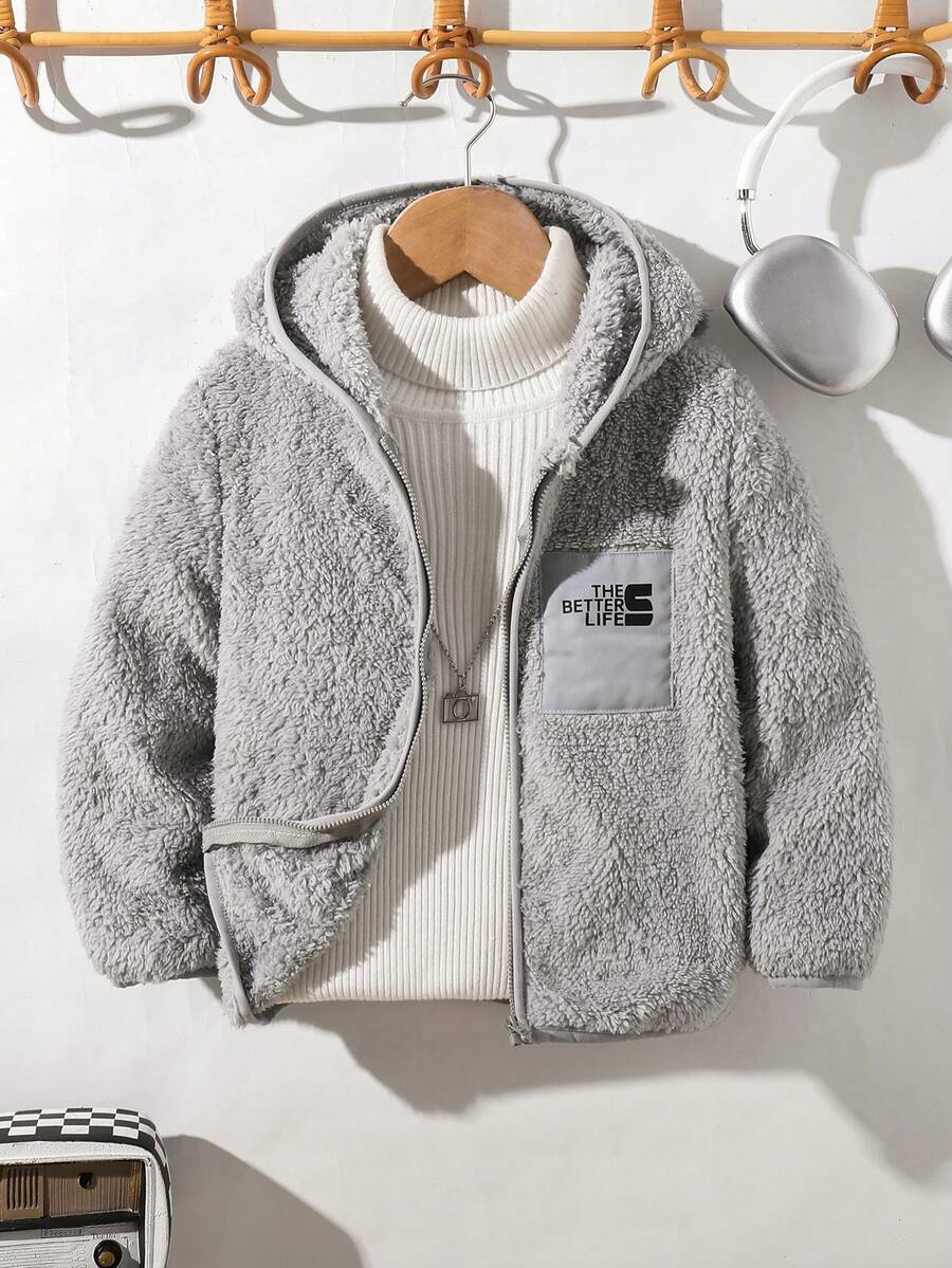 SHEIN 1pc Young Boys Casual Hooded Fleece Jacket, Suitable For Daily Wear, School, Outings, Sports, Autumn/Winter Season - Grey - View 1