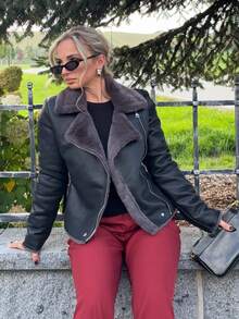 Jeta Ari Black PU Leather Faux Rabbit Fur Collar Jacket For Women - Black - View 1