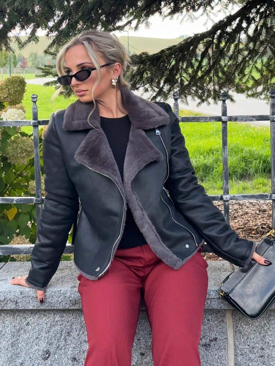 Jeta Ari Black PU Leather Faux Rabbit Fur Collar Jacket For Women - Black - View 1