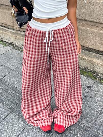 Coolane Women's Fall/Winter Christmas Streetwear Going Out Comfortable Basic Casual Loose Checked Wide Leg Red Pants
