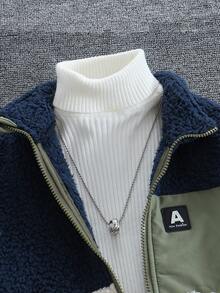 SHEIN Genkimix Kids Áo khoác thường ngày dáng rộng tay dài họa tiết chữ của chàng trai trẻ, mùa thu đông - Xanh đậm - Xem 4