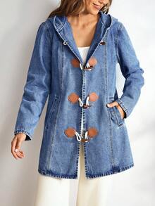 EMERY ROSE Women's Casual Hooded Denim Jacket With Horn Buttons,Christmas,  Christmas Women's Clothing ,Christmas Clothes - Blue - View 4