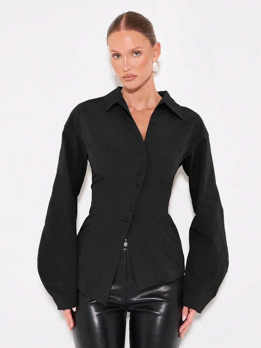 KIZN Áo sơ mi nữ tay dài cài nút cổ nhọn, viền bất đối xứng - màu đen - Xem 1