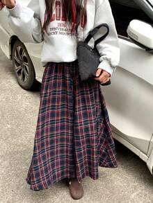 DAZY 女士格子休闲中长宽松A字裙 - 紅色 - 查看 7