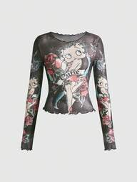 Betty Boop | ROMWE Blouse femme sexy et transparente avec motif vintage de personnage de dessin animé et bordure en laitue
