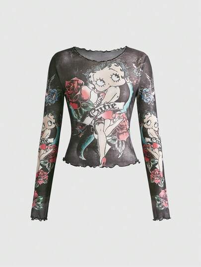 Betty Boop | ROMWE Blouse femme sexy et transparente avec motif vintage de personnage de dessin animé et bordure en laitue
