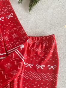 Pijama de 2 piezas de manga larga y pantalones con estampado de la serie navideña para niñas, elegante y cómodo, ajuste ceñido - Rojo - Ver 6
