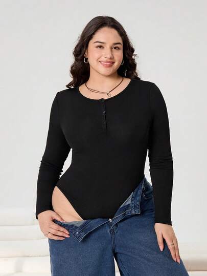Solflare Plus Size Women Plain Button Half Placket Long Sleeve Casual T-Shirt Bodysuit Long Sleeve Black Top