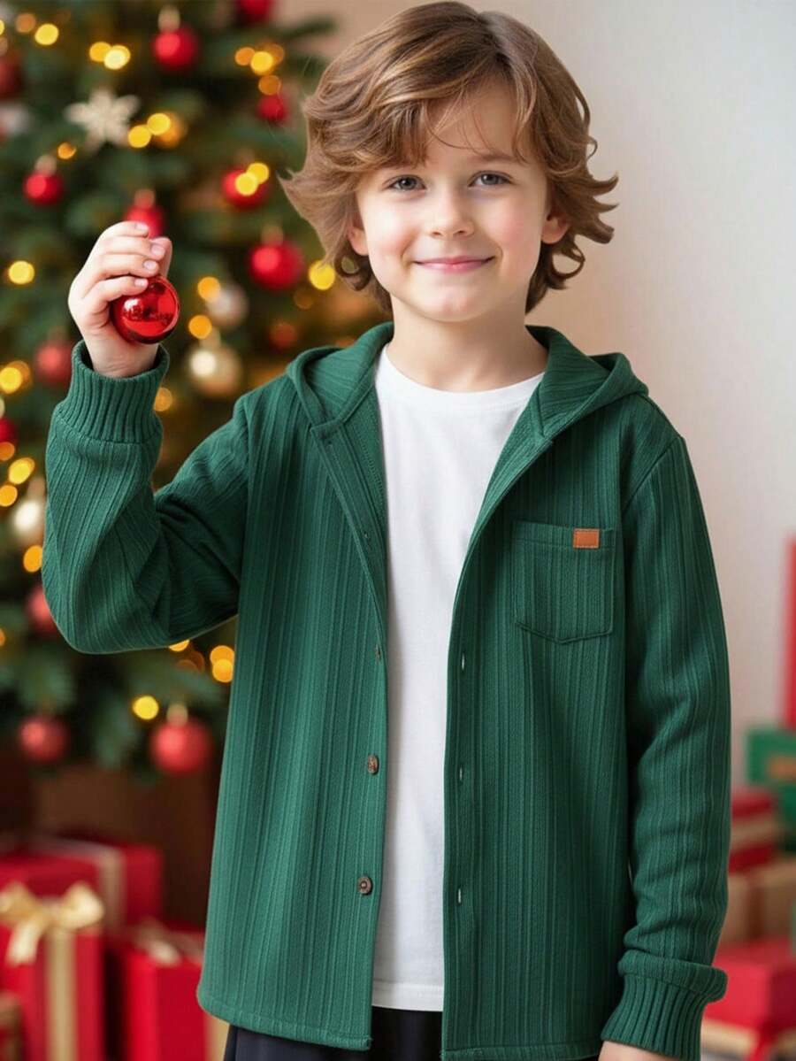 SHEIN Tween Boy 纹理罗纹贴袋长袖连帽衬衫，适合所有季节、通勤、学校、休闲和学院风穿着 - 綠色 - 查看 1