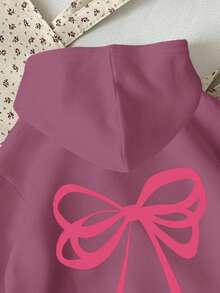 SHEIN Leap Crew Tween 女童休闲可爱蝴蝶结装饰宽松圆领舒适长袖连帽运动衫，奶油红色，适合秋冬季