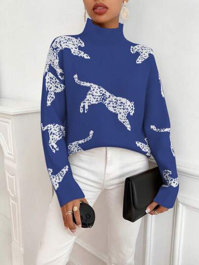 SHEIN Clasi Women's Autumn/Winter Leopard Pattern Dropped Shoulder Long Sleeve Loose Casual Sweater