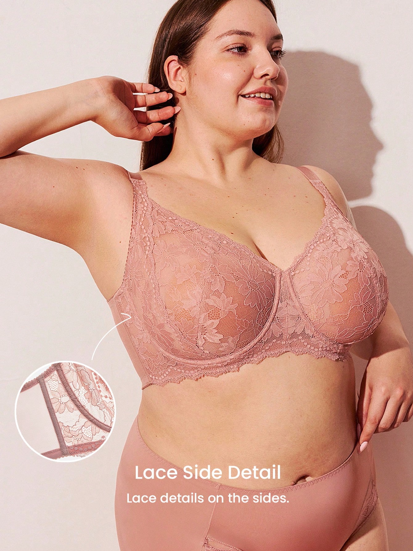 Große Größen Damen Lingerie Lounge Kurve Volldeckung Push-up & atmungsaktiver Unterbügel Sexy ungepolsterter rosa Spitze Eleganz & Mesh Minimizer BH Braut Wäsche