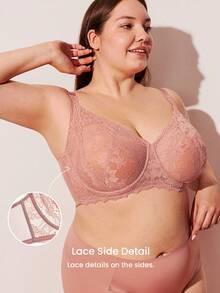 LUVLETTE 大码女士内衣休闲曲线全包覆聚拢透气钢圈性感无衬垫粉色蕾丝优雅网纱显瘦文胸新娘内衣 - 粉色 - 查看 4