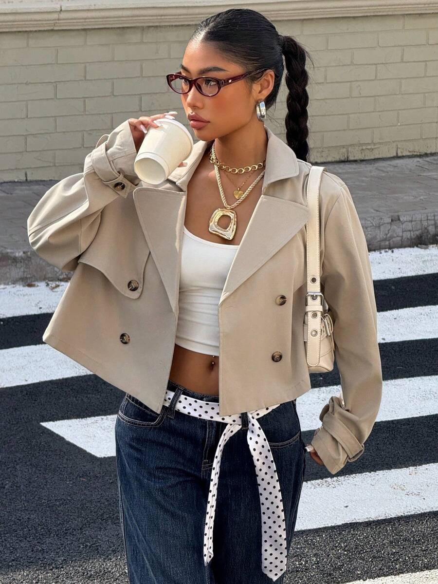 Muchica Veste courte croisée en couleur unie abricot pour femmes en automne/hiver - Nude - Voir 1