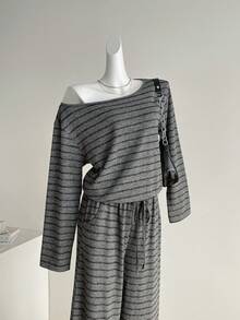 SHEIN LUNE 2pcs/Set Women Striped One-Shoulder Long Sleeve Top And High Waist Wide Leg Pants With Drawstring Tie, Casual Homewear - Multicolor - View 4