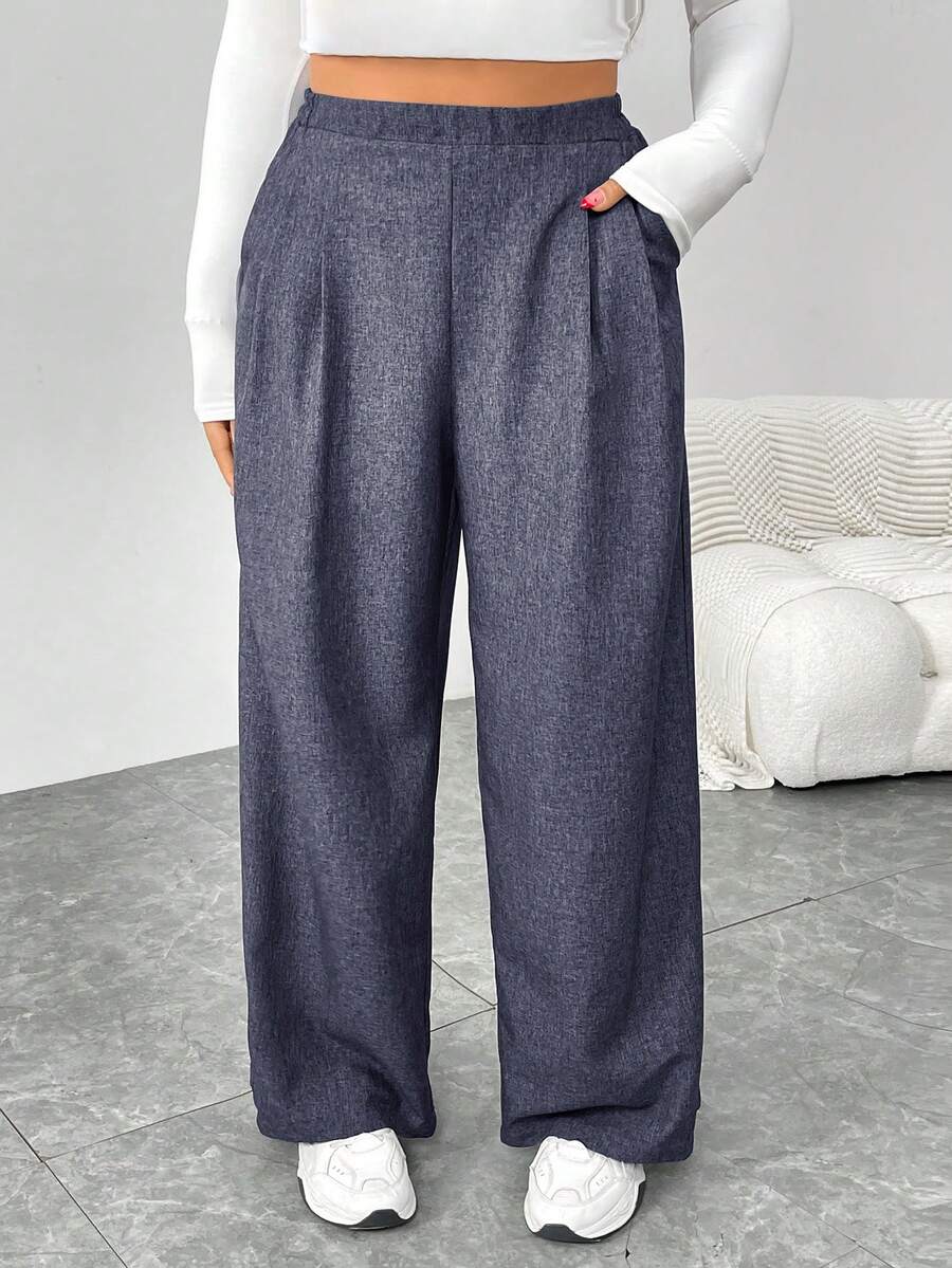 SHEIN Essnce 大码女装秋冬时尚休闲宽松日常舒适复古棕色松紧腰阔腿裤，女式下装，工作裤，秋季服装，老款，复古裤，曲线裤 - 霧霾藍 - 查看 1