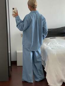 Livesso Bộ 2 món áo sơ mi dài tay cài nút phía trước màu trơn dành cho nữ và quần jeans - Rửa nhẹ - Xem 7