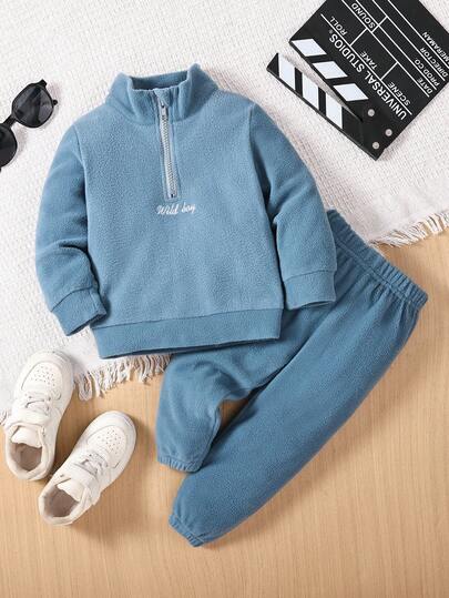 SHEIN 2pcs Baby Boy Set, Knitted Comfortable Long Sleeve, Letter Embroidery Design Simple & Versatile, Adding Vibe, Jogger Pants With Elastic Waist, Loose Fit, Suitable For 0-3 Years Old, Fit For Autumn Occasions Like Vacation, Daily Wear, Etc. Baby Boy Track Suit Baby Boy Blue Set