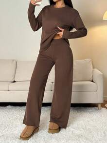SHEIN PETITE Women Solid Color Crew Neck Long Sleeve Sweater And Long Pants Casual Regular Outfit, Autumn/Winter,Fall,Fall Clothes For Women,Winter Clothes For Women - Brown - View 11