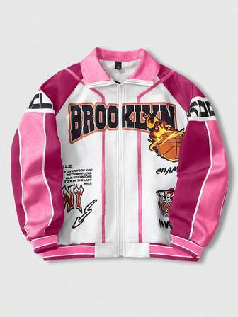 ROMWE MEN Prep Men's Contrast Color Graffiti Pattern Zip-Up Long Sleeve Jacket