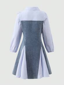 1pc Girls Casual Striped Collar Bow Patchwork Denim Long Sleeve Dress, Suitable For Spring/Autumn Daily Wear - Multicolor - View 2