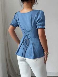 Elenzga Women Square Neck Cinched Waist A-Line Blouse - Blue - View 8