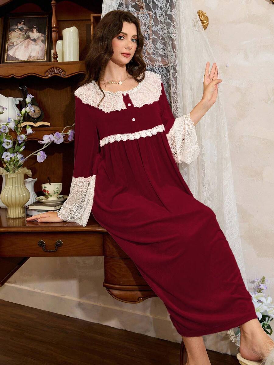 Côtesoire 女士优雅法式撞色蕾丝荷叶边睡裙,适合秋冬季穿着 - 酒紅色 - 查看 1