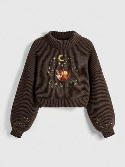 Fairycore Suéter casual de mujer con cuello alto, hombros caídos y bordado de zorro, para otoño/invierno