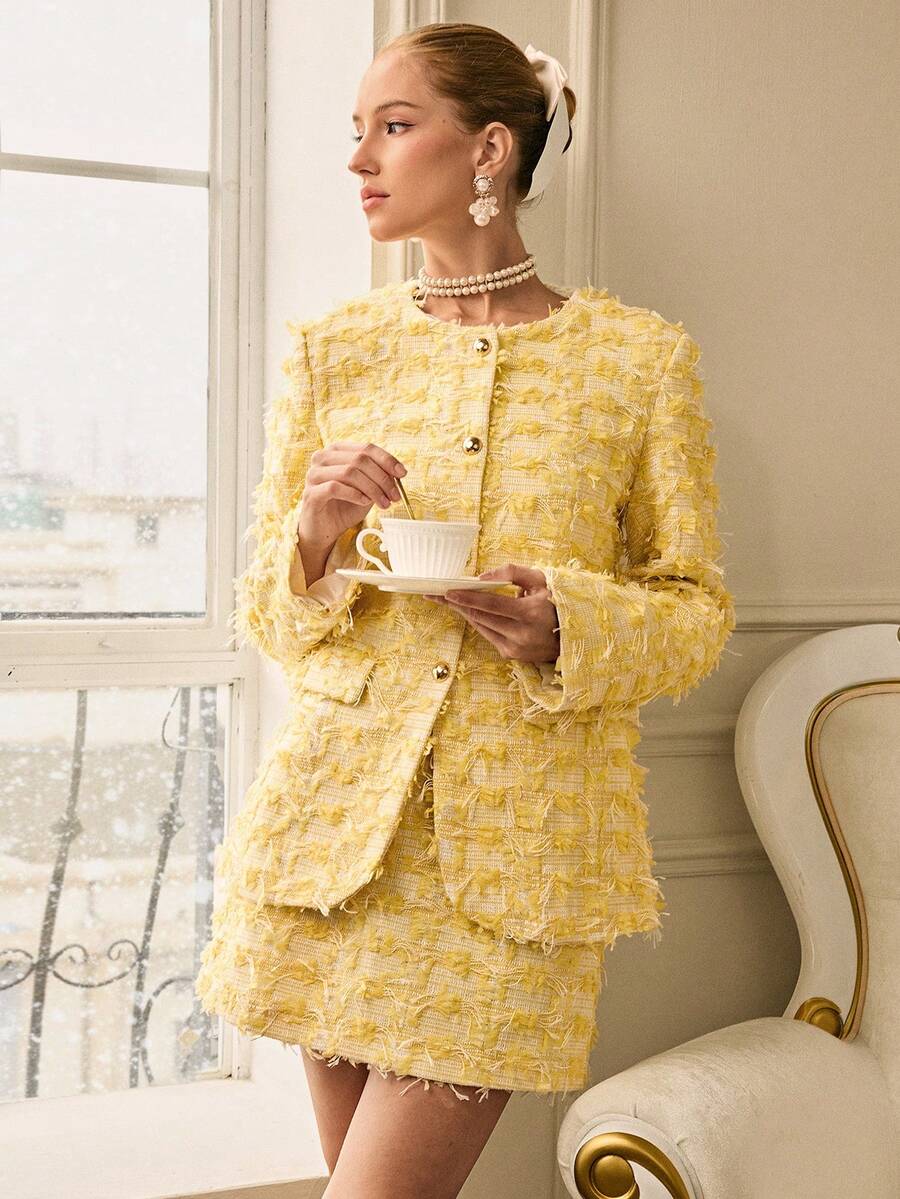 Aveloria Rosie 女式圆领长袖单排扣提花夹克和中长裙优雅套装，精致风格 - 彩色 - 查看 1