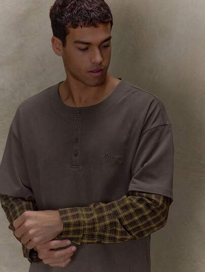 Musero 双层长袖 Polo 衫，格纹纽扣设计，刺绣品牌贴片，春夏款