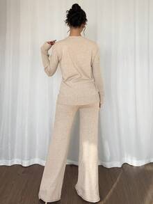 Firerie 秋冬优雅休闲燕麦色卡其色高领宽松针织毛衣直筒裤两件套 - 卡其色 - 查看 10