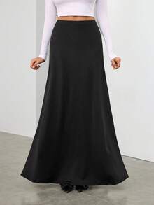 SHEIN Tall 女式松紧腰纯色简约时尚长款 A 字裙，女士休闲不对称长款常规版型自然黑色纯色女裙，春秋季，休闲日常穿着