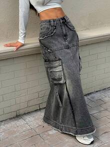 Rivivi 女式休闲水洗加长牛仔工装裙 - 深灰色 - 查看 1