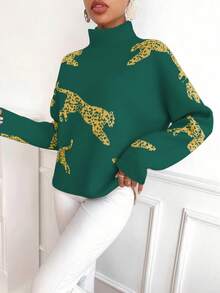 SHEIN Clasi Women's Casual Leopard Print Turtleneck Sweater, Autumn/Winter - Dark Green - View 6