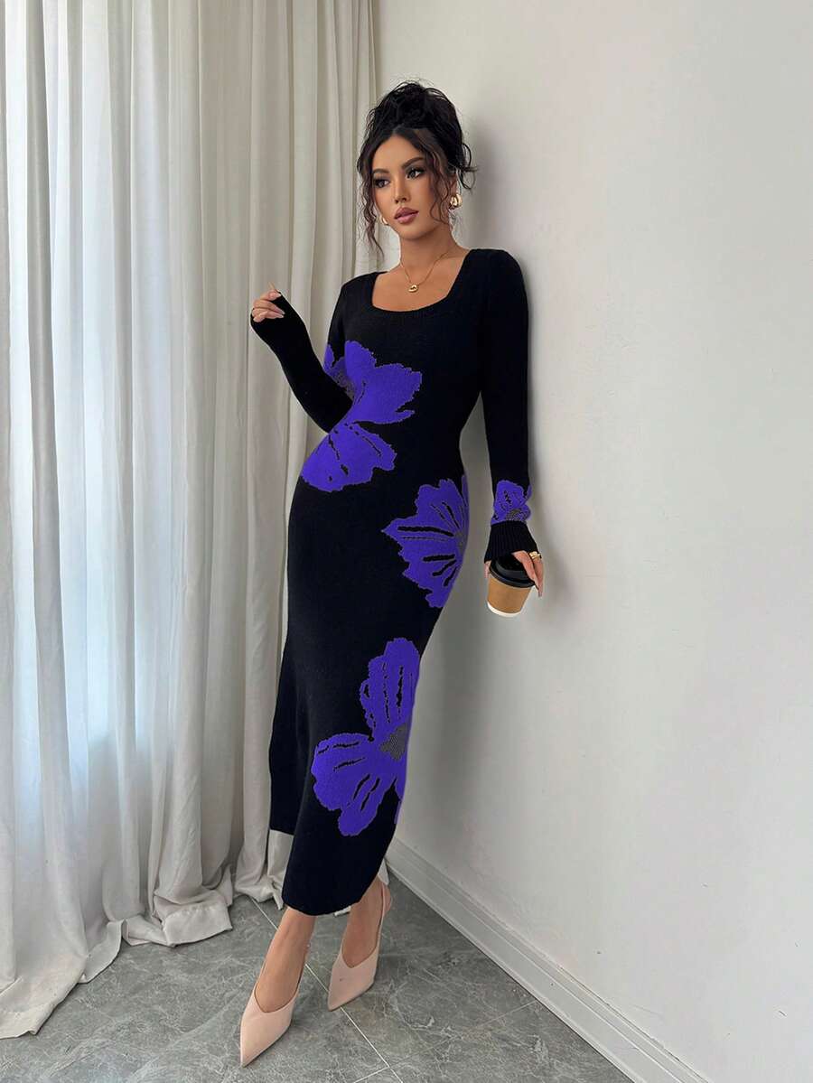 Elenzga Vestido de punto ajustado con cuello cuadrado y cintura de jacquard - azul real - Ver 1