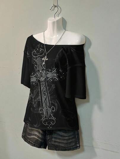 Attitoon Casual Vintage Punk Y2K Cross Floral Monochrome Allover Print Off Shoulder Dropped Shoulder Tee, Loose Fit Women's T-Shirt, Comfortable For Spring/Autumn Goth Goth