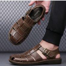 Sandalia artesanal para hombre – cuero genuino con hebilla, punta redonda y estilo retro casual - Marrón - Ver 1