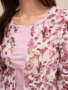 Al Najma Round Neck Floral Patchwork Solid Color Trim Printed Dress With Headscarf - Pink - View 7