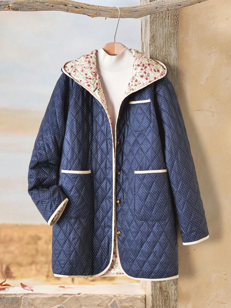Women's Casual Polka Dot Print Hooded Padded Coat, Warm For Autumn/Winter