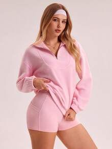 Sovereign Charm 女士秋冬毛绒泰迪绒宽松休闲运动套头衫外套，休闲版型多巴胺激活粉色网球夹克 - 粉色 - 查看 7