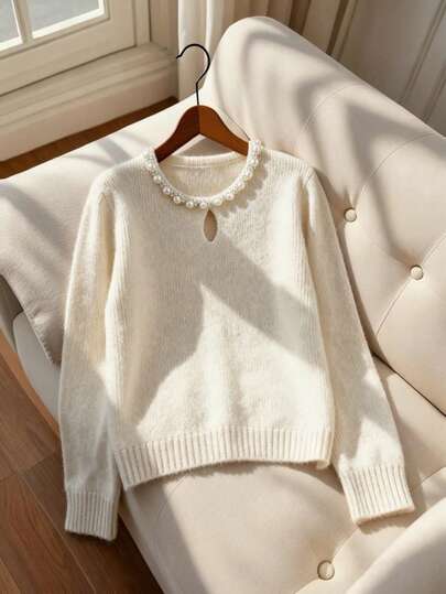 GlowEve Women's Alpaca Wool Soft Pearl Collar Pullover Long Sleeve Knitted Sweater, Autumn/Winter