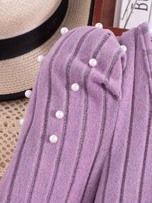 2pcs/Set Girls Elegant Beaded Knit Ribbed Fluffy Puff Sleeve Top And Simple Knit Pants Casual Outfit, Autumn/Winter - Mauve Purple - View 7